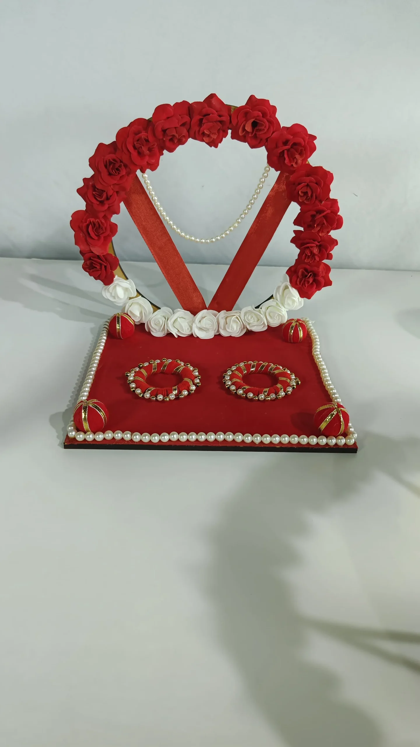 Romantic Red Rose Pearl Wedding Ring Holder - Handmade Artisan Display Centerpiece - Handmade rose pearl ring holder