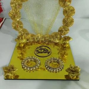 Handmade Golden Ceremonial Wedding Ring Display Stand with Pearl Accents - Handmade golden ring display