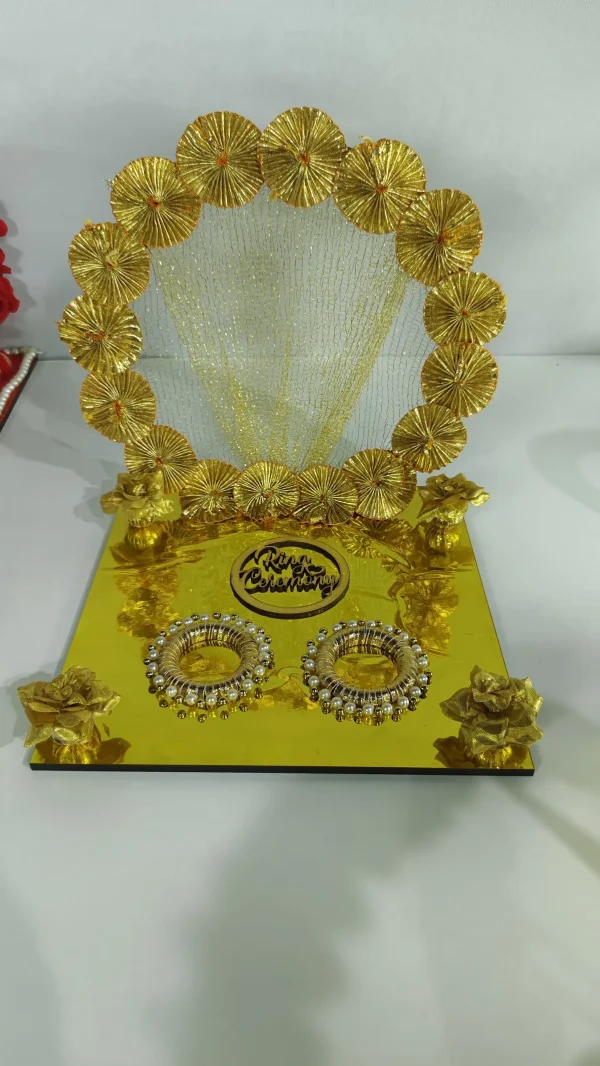 Handmade Golden Ceremonial Wedding Ring Display Stand with Pearl Accents - Handmade golden ring display