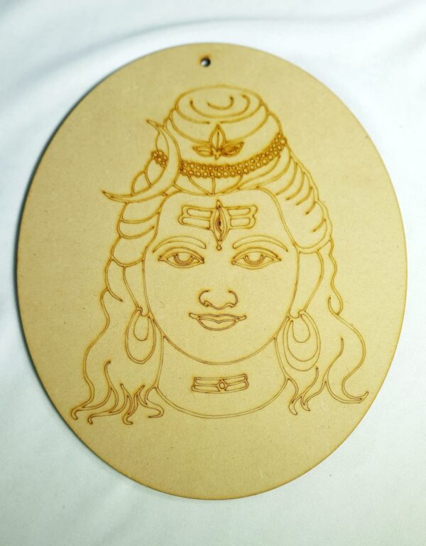 The artwork is engraved on a smooth, oval-shaped piece of wood or MDF (Medium-Density Fiberboard)