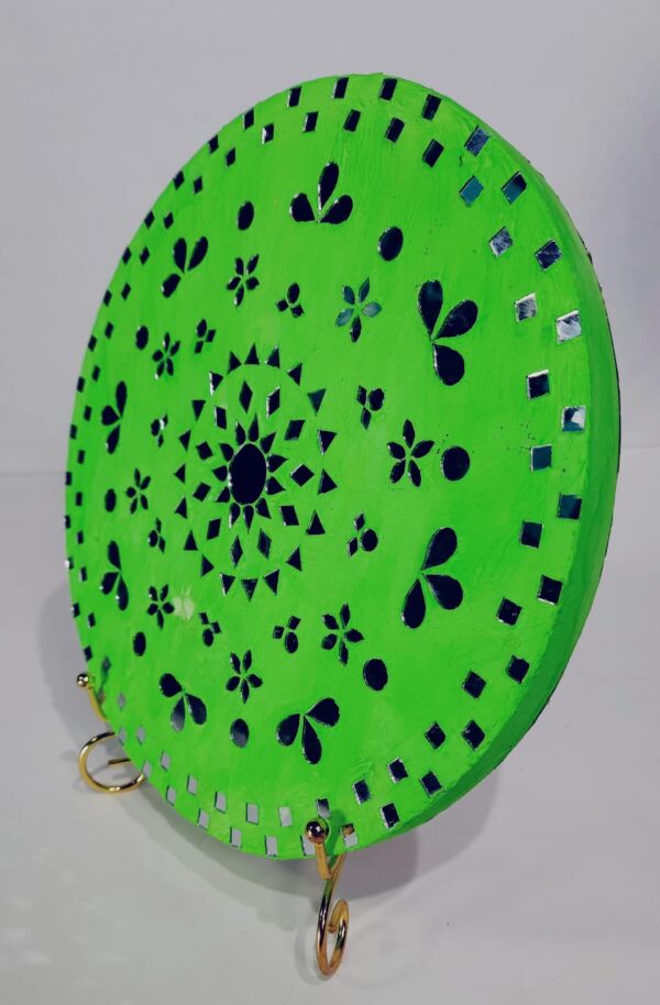 This is a Handcrafted Decorative Wall Plate featuring mirror work with a mandala-inspired floral design on a bright green base. - Image 3