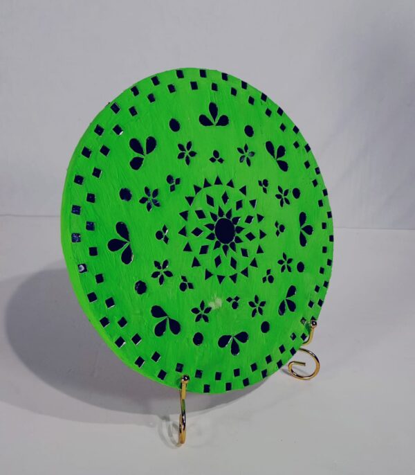 This is a Handcrafted Decorative Wall Plate featuring mirror work with a mandala-inspired floral design on a bright green base. - Image 2