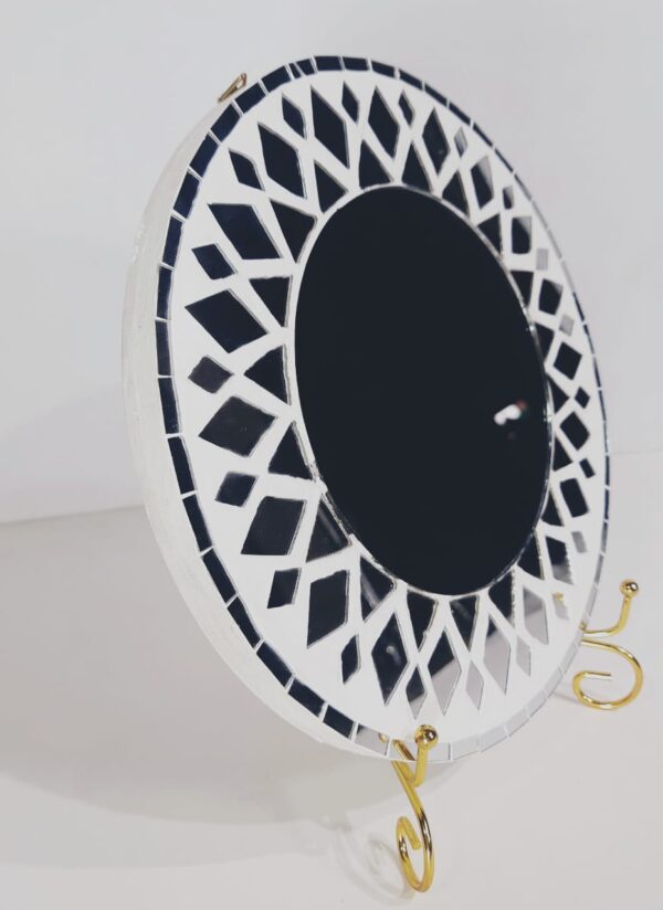 This is a Handcrafted Decorative Mirror Mosaic Wall Plate featuring a monochrome black and white theme with geometric mirror inlay work. - Image 3