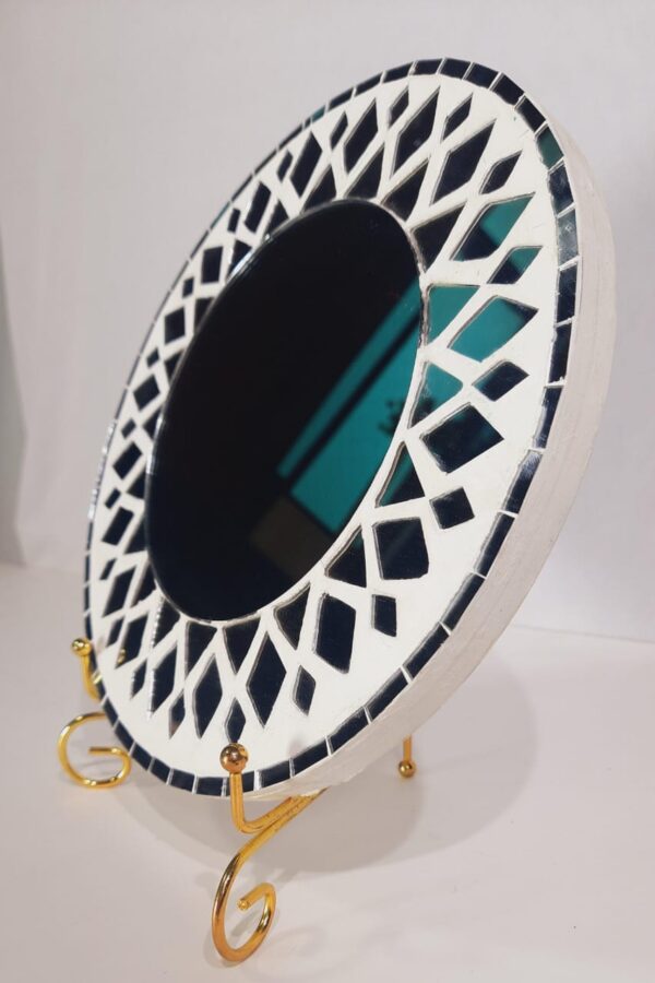 This is a Handcrafted Decorative Mirror Mosaic Wall Plate featuring a monochrome black and white theme with geometric mirror inlay work. - Image 2
