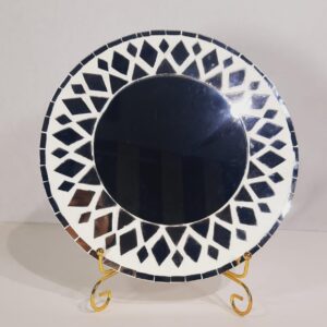 This is a Handcrafted Decorative Mirror Mosaic Wall Plate featuring a monochrome black and white theme with geometric mirror inlay work.