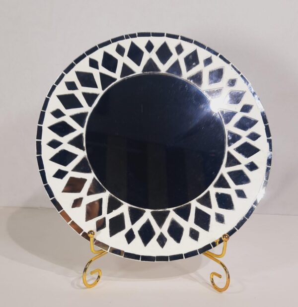 This is a Handcrafted Decorative Mirror Mosaic Wall Plate featuring a monochrome black and white theme with geometric mirror inlay work.