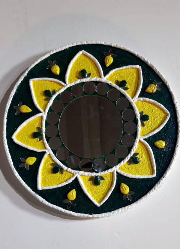 This is "Sunflower Mirror Art - Handmade Textured Wall Decor" Handcrafted Mirror and 3D Textured Art