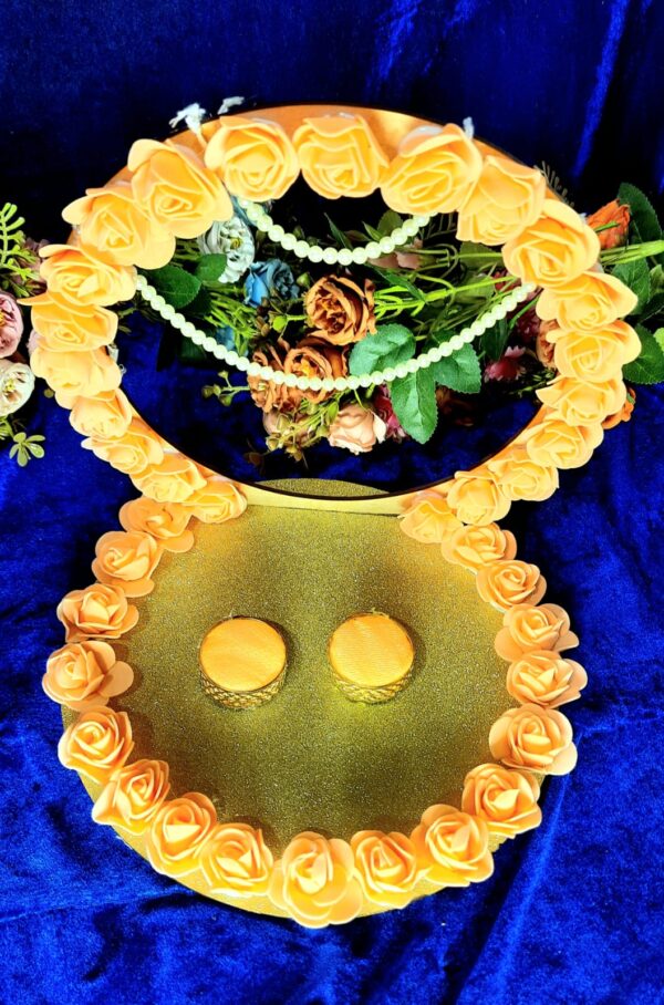 Floral Engagement Ring Platter – Golden Elegance Handcrafted Decorative Art with Faux Flowers and Beaded Embellishments