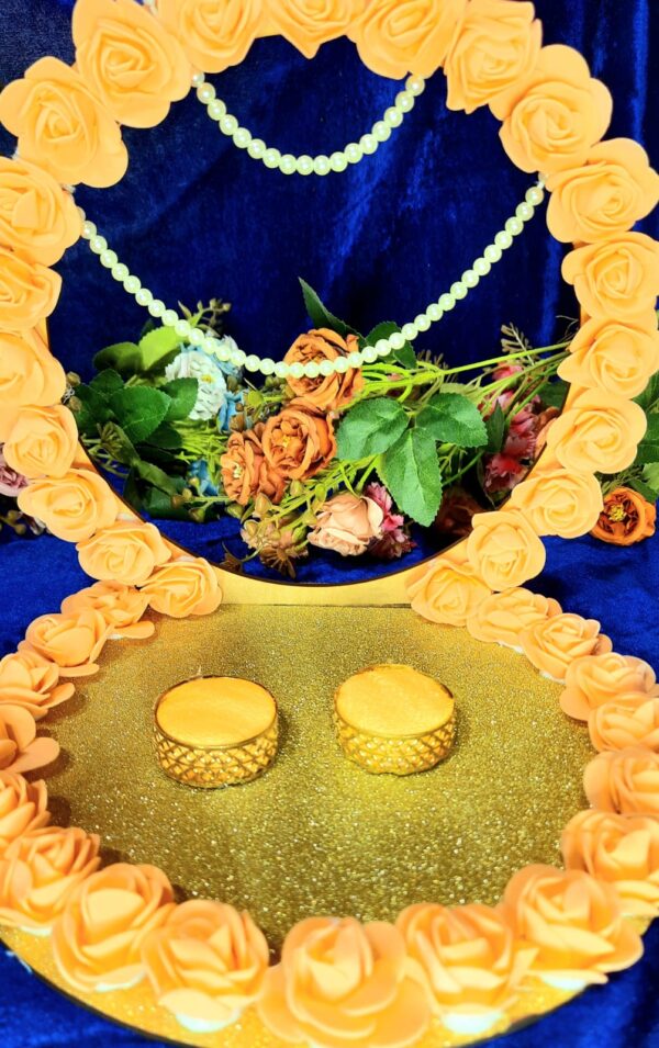 Floral Engagement Ring Platter – Golden Elegance Handcrafted Decorative Art with Faux Flowers and Beaded Embellishments - Image 3
