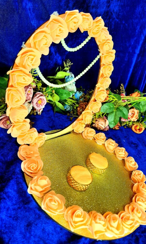 Floral Engagement Ring Platter – Golden Elegance Handcrafted Decorative Art with Faux Flowers and Beaded Embellishments - Image 4