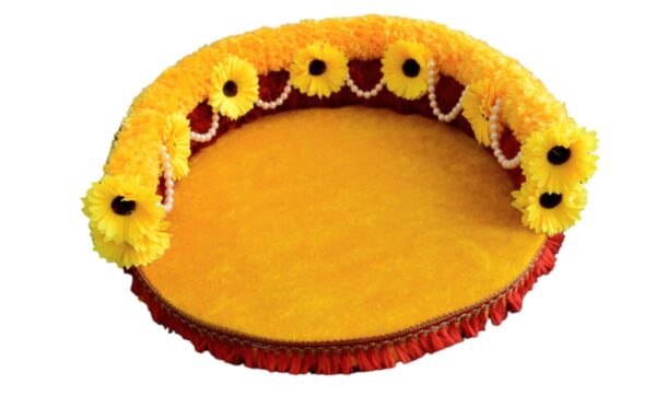 Elegant Yellow Velvet Floral Singhasan for Bhagwan | Decorative Round Seat for Idols