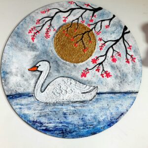 This is "Serene Swan Under Golden Moon" Wall Art