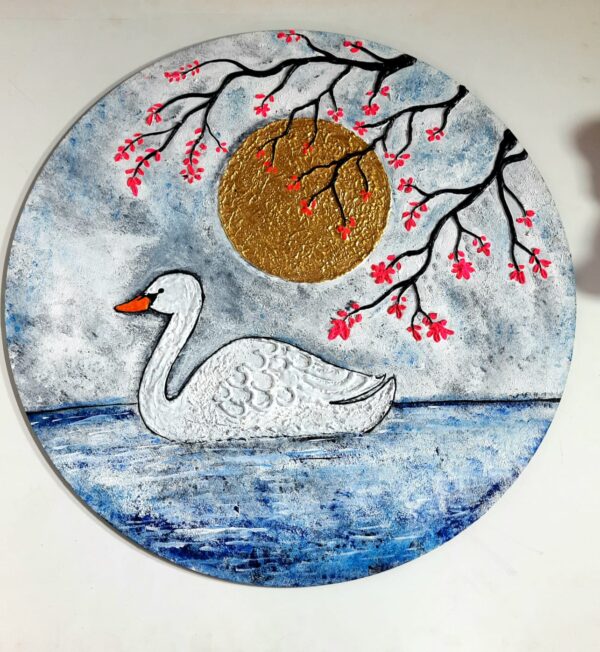 This is "Serene Swan Under Golden Moon" Wall Art