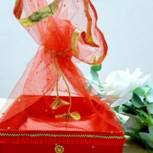 Decorative Gift Tray with Net Potli – Red & Gold Traditional Gift Packaging Box