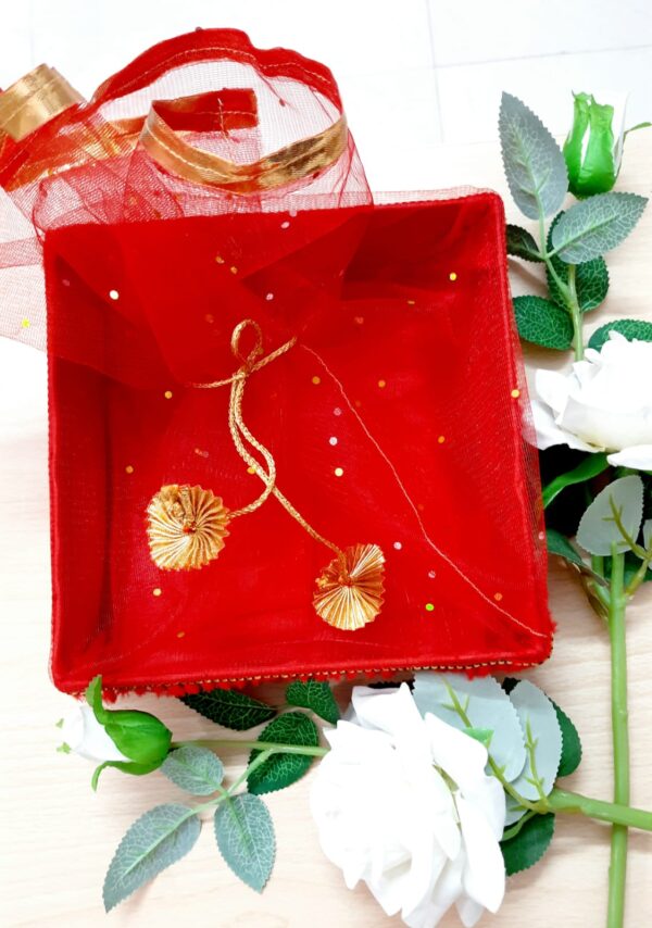 Decorative Gift Tray with Net Potli – Red & Gold Traditional Gift Packaging Box - Image 2