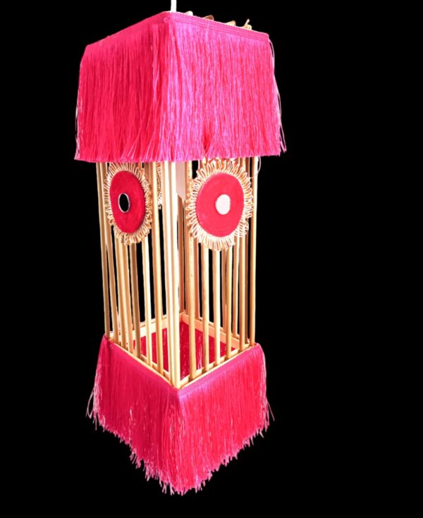 Handcrafted Ethnic Bamboo Decorative Hanging Lamp – Yellow Fringed Lantern - Image 2