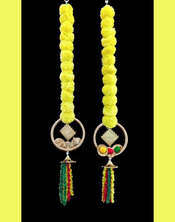 Handmade Marigold Flower Toran with Ring & Tassel Bell Hangings (Set of 2)