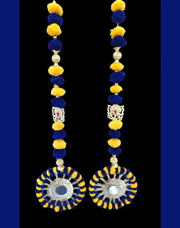 Royal Blue & Yellow Pom-Pom Latkan with Mirror Work (Set of 2)