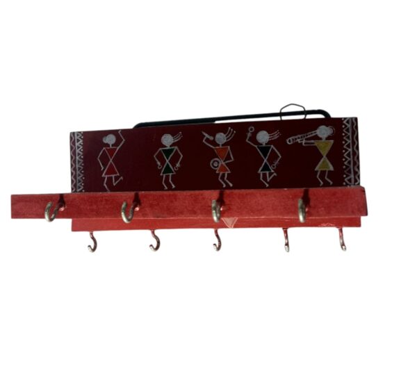Handcrafted Warli Art Wooden Key Holder –9Hooks