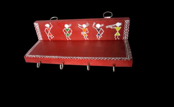 Handcrafted Warli Art Wooden Key Holder –9Hooks - Image 2