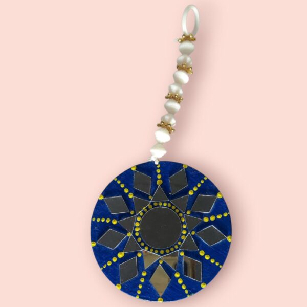 Geometric Star Mirror Hanging with Beaded Loop – Blue & Yellow