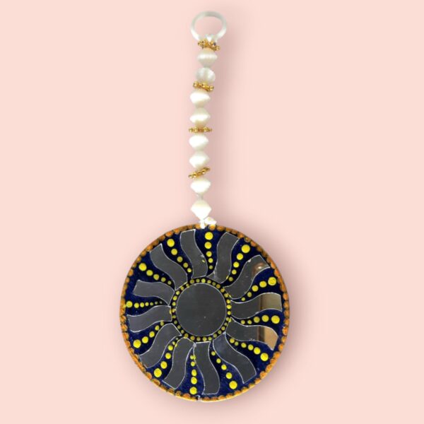 Handcrafted Sunburst Mirror Hanging with Beaded Loop – Yellow & Blue