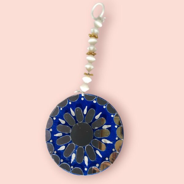 Handcrafted Blue Mandala Mirror Hanging with Beaded Loop