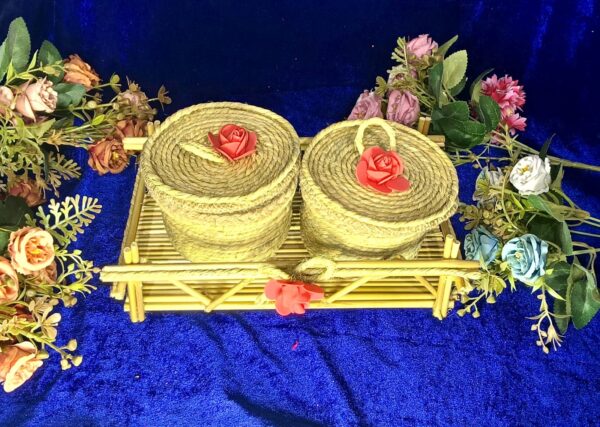 "Blossom Basket Duo – Handmade Jute Containers with Bamboo Tray"