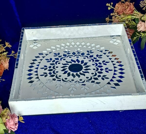 "Royal Mandala Mirror Tray – Handcrafted Decorative Serving Tray"