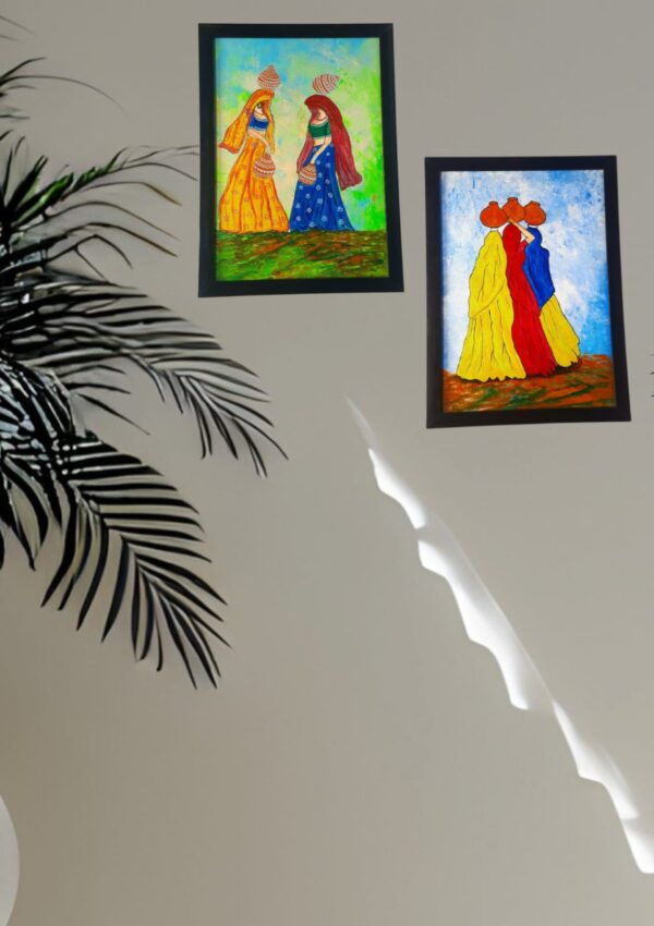 Rajasthani Village Women Wall Frame Set – Traditional Art on Vibrant Backgrounds (Set of 2)