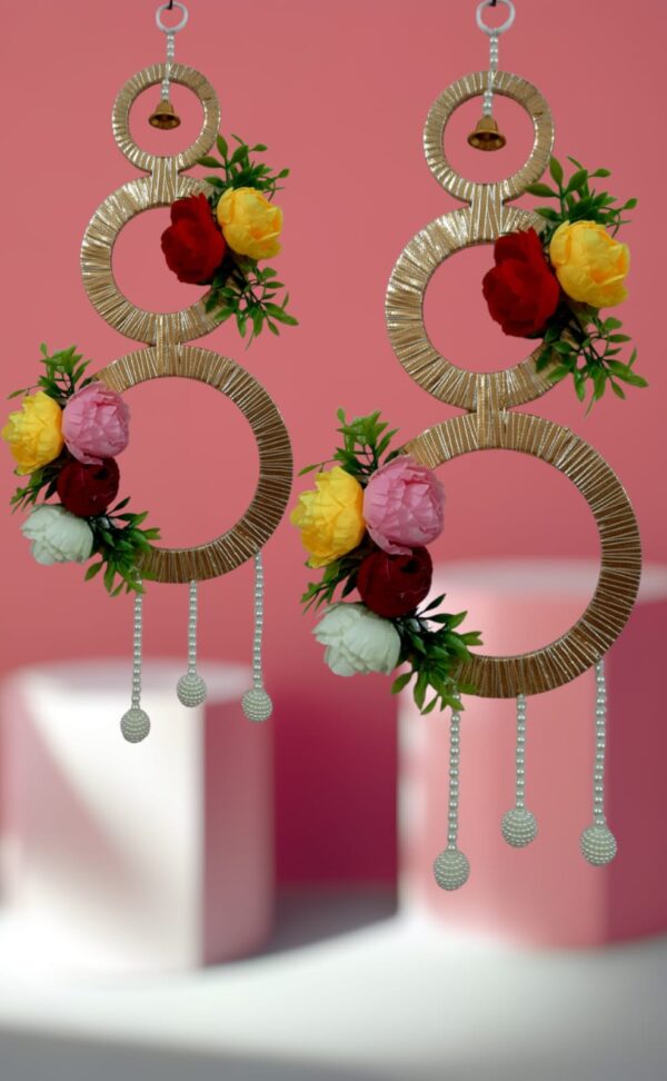 Triple Ring Floral Hanging Décor – Artificial Flowers & Bead Drops (Set of 2) pair