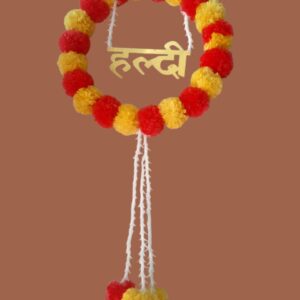 Haldi Ceremony Genda Flower Ring Hanging – With "हल्दी" Text & Pom-Pom Tassels