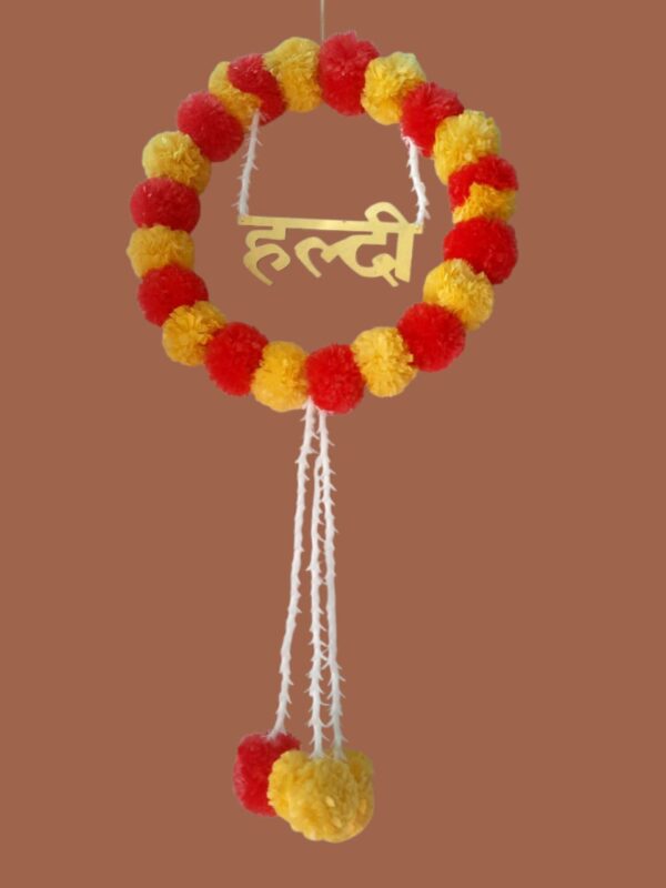 Haldi Ceremony Genda Flower Ring Hanging – With "हल्दी" Text & Pom-Pom Tassels
